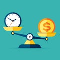 Time is money. Scales icon in flat style. Libra symbol, balance sign. Time management. Dollar and clock icons. Vector design eleme